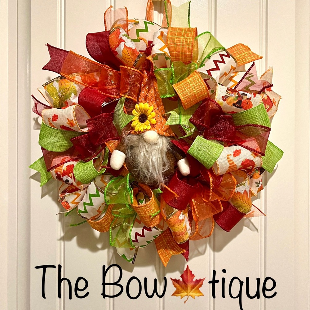 13 inch Ribbon Wreath Fall Autumn Thanksgiving Gnome MW6